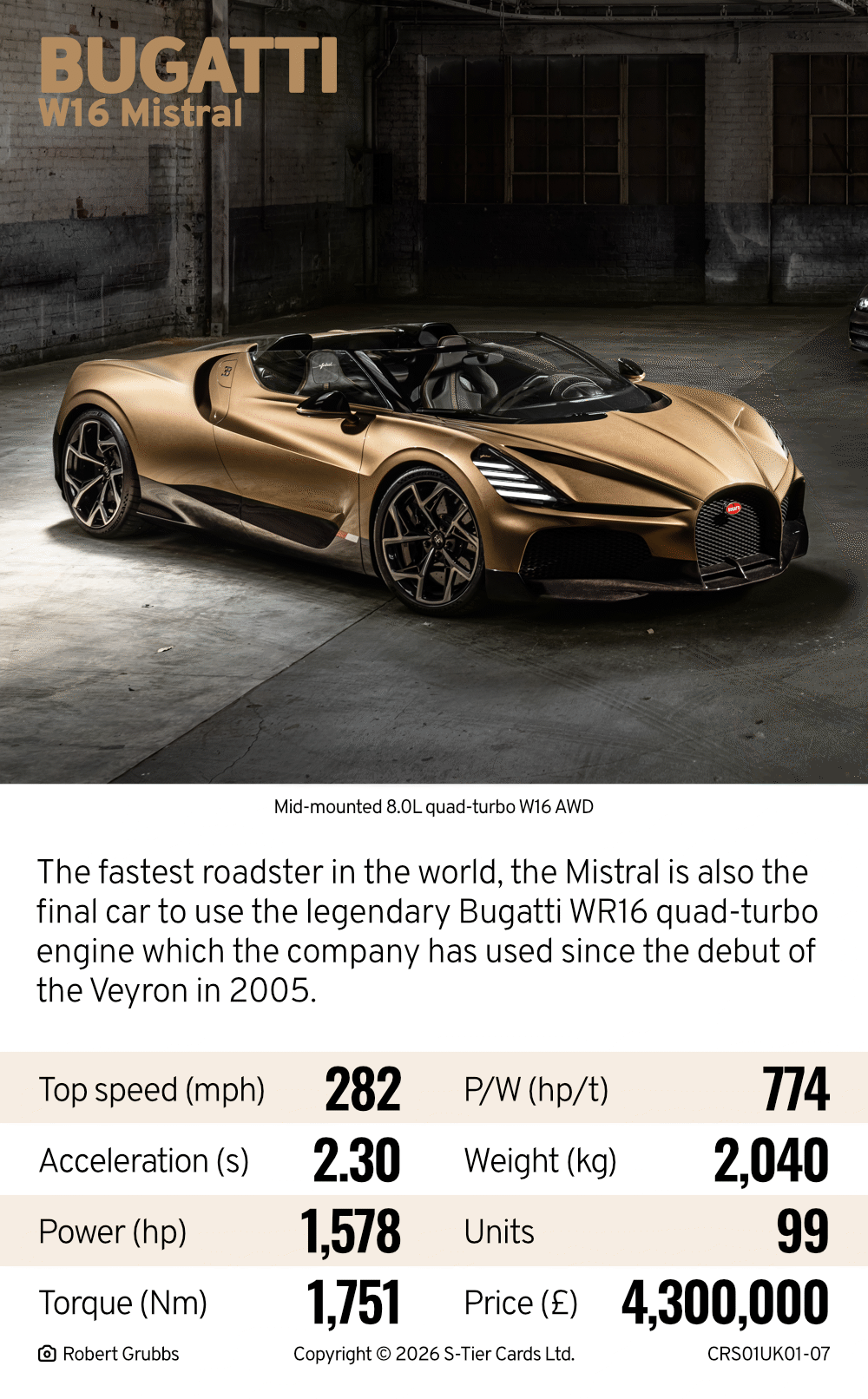 Bugatti W16 Mistral — Cars 2026 — Tier Cards